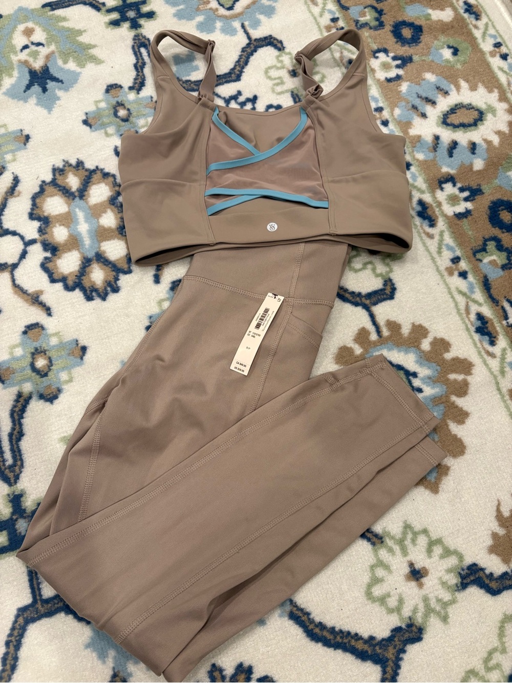 Victoria's Secret Taupe Leggings and Sports Bra Set with Light Blue Trim NWT